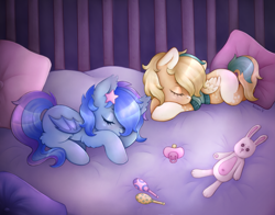 Size: 3255x2550 | Tagged: safe, artist:kirari_chan, derpibooru import, oc, oc only, bat pony, pegasus, pony, rabbit, advertisement, animal, baby, baby pony, background, bat pony oc, bat wings, bed, bedroom, commission, commission info, commissions open, complex background, cute, duo, duo female, female, filly, foal, full body, lying, lying down, oc x oc, pacifier, pegasus oc, pillow, plushie, shipping, sleeping, sleepy, toy, wings