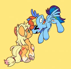 Size: 2048x1983 | Tagged: safe, artist:beaglescouts, derpibooru import, applejack, rainbow dash, earth pony, pegasus, pony, appledash, cute, dashabetes, eyes closed, female, jackabetes, lesbian, nuzzling, shipping, simple background, unshorn fetlocks, yellow background