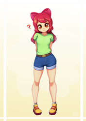 Size: 706x1000 | Tagged: safe, artist:the-park, derpibooru import, apple bloom, human, equestria girls, g4, blush lines, blushing, boots, clothes, denim shorts, female, gradient background, hands behind back, humanized, looking at you, question mark, ribbon, shoes, shorts, smile, smiling, smiling at you, solo, standing, t-shirt