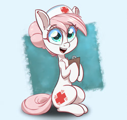 Size: 1000x952 | Tagged: safe, artist:inkypuso, derpibooru import, nurse redheart, earth pony, pony, big eyes, blue background, clipboard, eyebrows, eyebrows visible through hair, female, hoof hold, looking at you, mare, open mouth, open smile, passepartout, shoulder fluff, simple background, sitting, sitting up, smiling, smiling at you, solo