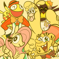 Size: 2048x2048 | Tagged: safe, artist:leafytaffyart, derpibooru import, fluttershy, paprika paca, pegasus, pikachu, pony, them's fightin' herds, candyman, community related, frye, group, lethal league, pokémon, splatoon 3, spongebob squarepants, spongebob squarepants (character), tongue, tongue out