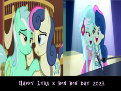 Size: 1600x1200 | Tagged: safe, artist:mlpfan3991, derpibooru import, edit, edited screencap, screencap, bon bon, lyra heartstrings, sweetie drops, earth pony, pony, unicorn, equestria girls, rainbow rocks, slice of life (episode), female, lesbian, lyrabon, lyrabon day, musical instrument, piano, shipping, singing, spotlight, wrong aspect ratio