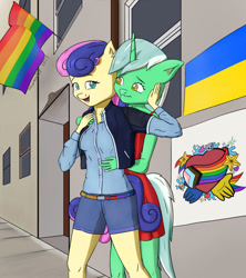 Size: 843x948 | Tagged: safe, artist:parronist, derpibooru import, bon bon, lyra heartstrings, sweetie drops, anthro, current events, duo, female, flag, lesbian, lyrabon, pride, pride flag, pride month, shipping, ukraine flag