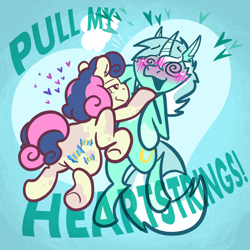 Size: 2048x2048 | Tagged: safe, artist:leafytaffy, derpibooru import, bon bon, lyra heartstrings, sweetie drops, pony, unicorn, duo, female, heart, lesbian, lyrabon, mare, open mouth, pun, shipping, swirly eyes, text