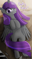 Size: 3384x6120 | Tagged: safe, artist:etheria galaxia, derpibooru import, oc, oc only, oc:etheria galaxia, alicorn, :p, alicorn oc, bed, belly, cute, ear fluff, ears, female, glasses, horn, looking at you, lying down, mare, on back, on bed, pillow, tail, text, tongue, tongue out, watermark, wings