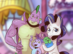Size: 1881x1395 | Tagged: safe, artist:saturdaymorningproj, derpibooru import, rarity, spike, oc, dracony, dragon, hybrid, pony, unicorn, baby, family, female, gigachad spike, hand on head, interspecies offspring, jewelry, looking at you, male, mare, offspring, older, older rarity, older spike, open mouth, open smile, parent:rarity, parent:spike, parents:sparity, peace sign, posing for photo, ring, shipping, smiling, smiling at you, sparity, straight, unnamed oc, wedding ring, winged spike, wings