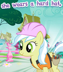 Size: 550x621 | Tagged: safe, derpibooru import, ambrosia, cindy block, earth pony, pony, captain obvious, clothes, cropped, english, female, gameloft, hard hat, hat, mare, meme, my little pony: magic princess, solo, text, vest, wow! glimmer, you don't say