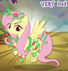Size: 660x691 | Tagged: safe, derpibooru import, idw, fluttershy, pegasus, pony, bad, cropped, english, female, flower, gameloft, idw showified, mare, meme, my little pony: magic princess, poison ivyshy, solo, spread wings, text, vine, wings, wow! glimmer