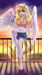 Size: 1700x3022 | Tagged: source needed, safe, artist:hakaina, derpibooru import, anthro, bra, breasts, cleavage, clothes, drink, female, fence, glare, looking at you, solo, underwear