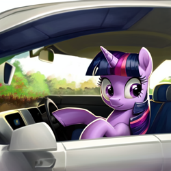 Size: 960x960 | Tagged: safe, ai content, derpibooru import, machine learning generated, twilight sparkle, pony, unicorn, car, driving, female, mare, solo