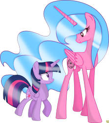 Size: 2374x2675 | Tagged: safe, artist:queenzodiac, derpibooru import, twilight sparkle, twilight sparkle (alicorn), oc, oc:queen zodiac, alicorn, pony, alicorn oc, canon x oc, duo, duo female, eye clipping through hair, eye contact, female, folded wings, high res, horn, lesbian, looking at each other, looking at someone, mare, shipping, signature, simple background, slim, smiling, smiling at each other, tall, transparent background, wings