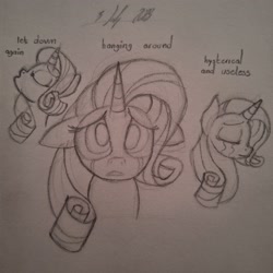 Size: 3056x3056 | Tagged: safe, artist:pearly* marshmallow, derpibooru import, rarity, pony, unicorn, crying, depressed, eyes closed, looking up, lyrics, makeup, monochrome, pencil drawing, photo, running makeup, sad, singing, sketch, solo, song reference, text, traditional art