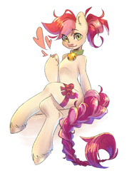 Size: 2048x2834 | Tagged: safe, alternate version, artist:draco zero, derpibooru import, roseluck, earth pony, pony, semi-anthro, alternate hairstyle, bell, bell collar, bow, braid, braided tail, collar, commission, commissioner:doom9454, crossed legs, cute, female, heart, looking at you, mare, pony pet, ponytail, ribbon, rosepet, simple background, sitting, solo, tail, white background