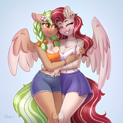 Size: 3508x3508 | Tagged: safe, artist:dandy, derpibooru import, oc, oc only, oc:cherry heart, oc:sylvia evergreen, anthro, pegasus, accessory, anthro oc, belly button, blushing, boob squish, braid, braided pigtails, breasts, chest fluff, cleavage, clothes, denim, denim shorts, duo, ear fluff, ears, eyebrows, eyebrows visible through hair, eyes closed, female, flower, flower in hair, freckles, grin, hair tie, high res, hug, looking at someone, mare, midriff, pegasus oc, pigtails, short shirt, shorts, simple background, skirt, smiling, tanktop, wings
