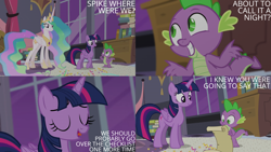 Size: 2000x1125 | Tagged: safe, derpibooru import, edit, edited screencap, editor:quoterific, screencap, princess celestia, spike, twilight sparkle, twilight sparkle (alicorn), alicorn, princess twilight sparkle (episode), book, confetti, scroll