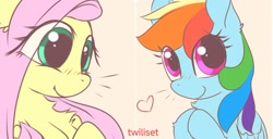 Size: 1547x793 | Tagged: safe, artist:twiliset, derpibooru import, fluttershy, rainbow dash, pegasus, pony, big eyes, cute, excited, female, flutterdash, happy, heart, lesbian, red face, shipping, simple background, smiling, wings