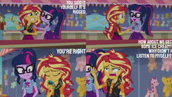 Size: 2000x1125 | Tagged: safe, derpibooru import, edit, edited screencap, editor:quoterific, screencap, sandalwood, sci-twi, sunset shimmer, twilight sparkle, better together, equestria girls, rollercoaster of friendship