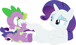 Size: 3564x2131 | Tagged: safe, artist:porygon2z, derpibooru import, rarity, spike, dragon, pony, unicorn, bed, bedroom eyes, cute, featureless crotch, female, fetish, hoof fetish, male, mare, pillow, shipping, simple background, smiling, sparity, spikabetes, straight, transparent background, vector