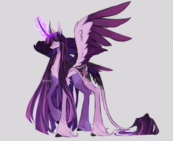 Size: 3888x3177 | Tagged: safe, artist:iheyyasyfox, derpibooru import, twilight sparkle, twilight sparkle (alicorn), alicorn, classical unicorn, pony, unicorn, concave belly, curved horn, ethereal wings, female, glowing, glowing horn, gray background, high res, horn, leonine tail, long legs, long mane, long tail, mare, new crown, pale belly, partially open wings, raised hoof, raised leg, signature, simple background, slim, solo, starry eyes, starry wings, tail, tail feathers, tall, ultimate twilight, unshorn fetlocks, wingding eyes, wings