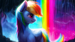 Size: 1920x1080 | Tagged: safe, artist:camyllea, derpibooru import, rainbow dash, pegasus, pony, backlighting, female, folded wings, head turn, looking away, mare, profile, rain, rainbow, solo, wallpaper, wings