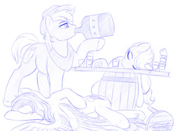 Size: 1024x768 | Tagged: safe, artist:novaintellus, derpibooru import, applejack, big macintosh, rainbow dash, earth pony, pegasus, pony, alcohol, drink, drinking, drinking contest, drunk, family guy death pose, glass, shot glass