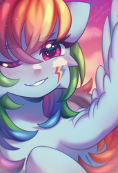 Size: 2572x3768 | Tagged: safe, artist:dedfriend, derpibooru import, rainbow dash, pegasus, pony, alternative cutie mark placement, cheek fluff, looking at you, one eye closed, signature, smiling, solo, wink