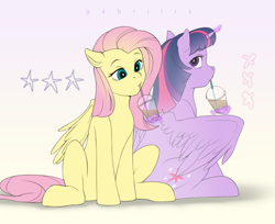 Size: 1782x1453 | Tagged: safe, artist:gabrilis, derpibooru import, fluttershy, twilight sparkle, twilight sparkle (alicorn), alicorn, butterfly, pegasus, pony, drink, drinking, female, magic, stars, straw