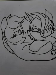 Size: 3000x4000 | Tagged: safe, artist:unlit, derpibooru import, applejack, rarity, earth pony, pony, unicorn, blushing, cuddling, female, lesbian, lidded eyes, looking at each other, looking at someone, lying down, lying on top of someone, rarijack, shipping, smiling, smiling at each other