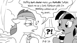 Size: 1200x675 | Tagged: safe, artist:pony-berserker, derpibooru import, rainbow dash, twilight sparkle, twilight sparkle (alicorn), alicorn, pegasus, pony, pony-berserker's twitter sketches, censored vulgarity, confused, dialogue, drunk bubbles, duo, duo female, exclamation point, female, grawlixes, huffing, interrobang, mare, meme, meme reference, open mouth, pony-berserker's twitter sketches (2023), ponyville, question mark, speech bubble