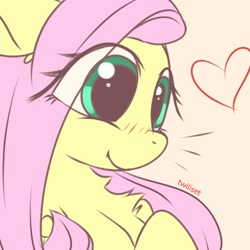 Size: 1080x1080 | Tagged: safe, artist:twiliset, derpibooru import, fluttershy, pegasus, pony, cute, heart, red face, shyabetes, simple background, smiling, solo