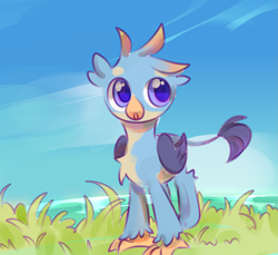 Size: 2325x2133 | Tagged: safe, artist:lanlanlc, derpibooru import, gallus, griffon, blue sky, cloud, confused, grass, grass field, lake, male, water, younger