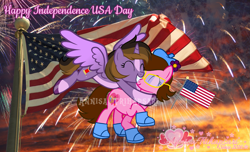 Size: 1865x1131 | Tagged: safe, artist:maverickmam, artist:tanahgrogot, derpibooru import, oc, oc only, oc:princess kincade, oc:tiffany fisher, alicorn, earth pony, pony, 4th of july, alicorn oc, american flag, base used, best friends, clothes, cute, duo, duo female, earth pony oc, eyes closed, female, fireworks, flower, glasses, grin, gritted teeth, happy, hat, holiday, horn, hug, ibispaint x, independence day, mare, medibang paint, ocbetes, photo, shoes, simple background, smiling, sunset, teeth, united states, watermark, wings