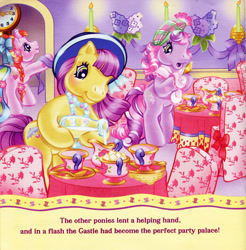 Size: 700x712 | Tagged: safe, artist:lyn fletcher, derpibooru import, rarity (g3), wysteria, earth pony, pony, unicorn, g3, the world's biggest tea party, female, hat, hoof hold, jewelry, mare, merriweather, necklace, scan, trio