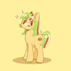 Size: 1029x1031 | Tagged: safe, artist:ombnom, derpibooru import, oc, oc only, oc:burger mare, pony, unicorn, freckles, orange background, simple background, smiling, solo, tongue, tongue out