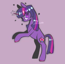 Size: 2048x2004 | Tagged: safe, artist:ombnom, derpibooru import, twilight sparkle, unicorn twilight, pony, unicorn, bipedal, purple background, side view, simple background, smiling, solo