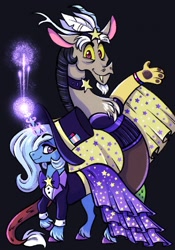 Size: 1431x2048 | Tagged: safe, artist:carouselunique, derpibooru import, discord, trixie, draconequus, pony, unicorn, bisexual pride flag, clothes, dress, female, fireworks, gender headcanon, genderfluid pride flag, glowing, glowing horn, hat, headcanon, horn, looking at you, pride, pride flag, sexuality headcanon, smiling, top hat, trans female, transgender, transgender pride flag, unshorn fetlocks