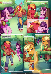 Size: 1555x2250 | Tagged: safe, artist:chocokangoo, artist:lummh, artist:tomi_ouo, derpibooru import, apple bloom, applejack, big macintosh, sugar belle, anthro, earth pony, unguligrade anthro, unicorn, comic:lovely pear, breasts, commissioner:dualreason, echoes, female, food, group, kiss on the cheek, kissing, looking at each other, looking at someone, male, pear, playful, shipping, smiling, smiling at each other, straight, sugarmac