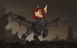 Size: 3576x2243 | Tagged: safe, artist:dorkmark, derpibooru import, oc, oc only, bat pony, pony, angry, armor, bat wings, solo, the callisto protocol, wings