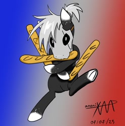 Size: 1023x1037 | Tagged: safe, artist:anonixar, derpibooru import, oc, oc only, oc:tempus flâneur, earth pony, pony, anime reference, baguette, bread, food, french flag, gradient background, gray coat, gray eyes, mask, solo