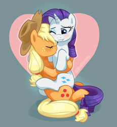 Size: 1851x1999 | Tagged: safe, artist:aanotherpony, derpibooru import, applejack, rarity, earth pony, pony, unicorn, blushing, eyes closed, female, kissing, lesbian, one eye closed, rarijack, shipping, sitting, sitting on person, sitting on pony