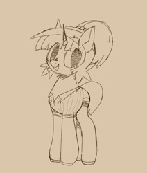 Size: 1242x1463 | Tagged: safe, artist:ombnom, derpibooru import, oc, oc:burger mare, unicorn, clothes, hat, mcdonald's, monochrome, smiling, solo, uniform