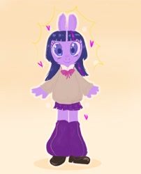 Size: 1597x1972 | Tagged: safe, artist:ombnom, derpibooru import, twilight sparkle, anthro, unicorn, bow, clothes, heart, looking at you, simple background, skirt, smiling, solo