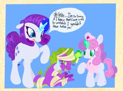 Size: 2048x1521 | Tagged: safe, artist:ombnom, derpibooru import, rarity, spike, sweetie belle, dragon, pony, unicorn, bandage, frown, hat, magic, nurse hat, sitting, smiling, standing, text, trio