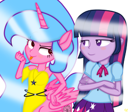 Size: 2292x2000 | Tagged: safe, artist:queenzodiac, derpibooru import, twilight sparkle, twilight sparkle (alicorn), oc, oc:queen zodiac, alicorn, centaur, taur, equestria girls, blushing, centaurified, crossed arms, duo, female, species swap, tongue, tongue out