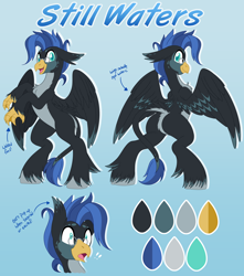 Size: 4784x5418 | Tagged: safe, artist:pearlyiridescence, derpibooru import, oc, oc only, oc:still waters, hippogriff, cormorant, glasses, hippogriff oc, leonine tail, male, rearing, reference sheet, solo, tail, talons, unshorn fetlocks