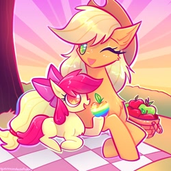 Size: 2048x2048 | Tagged: safe, artist:qwennondeathdie, derpibooru import, apple bloom, applejack, earth pony, pony, adorabloom, apple, apple bloom's bow, apple sisters, applejack's hat, basket, bow, clothes, cowboy hat, cute, duo, female, filly, foal, food, hair bow, hat, high res, jackabetes, looking at you, lying down, mare, one eye closed, open mouth, open smile, picnic, picnic basket, picnic blanket, prone, siblings, signature, sisters, smiling, smiling at you, wink, winking at you, zap apple