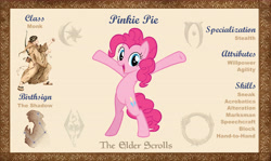 Size: 10100x6000 | Tagged: safe, artist:ponygamer2020, derpibooru import, pinkie pie, earth pony, pony, absurd resolution, bio, bipedal, female, looking at you, makeup, mare, morrowind, oblivion, reference sheet, skyrim, smiling, smiling at you, solo, the elder scrolls, the elder scrolls: equestria, vector
