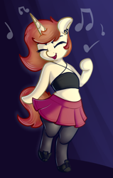 Size: 1861x2923 | Tagged: safe, artist:andelai, derpibooru import, oc, oc only, oc:celice, semi-anthro, unicorn, bipedal, boots, clothes, dancing, eyes closed, female, happy, mare, midriff, music notes, open mouth, open smile, pantyhose, piercing, shoes, simple background, skirt, smiling, solo