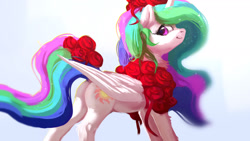 Size: 2463x1385 | Tagged: safe, artist:itssim, derpibooru import, princess celestia, alicorn, pony, butt, butt fluff, chest fluff, female, flower, flower in hair, flower in tail, gradient background, hock fluff, looking at you, looking back, looking back at you, mare, plot, rose, smiling, smiling at you, solo, sunbutt, tail