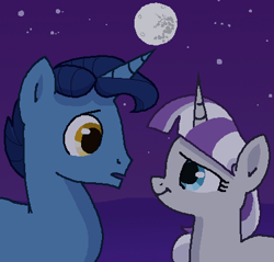 Size: 422x404 | Tagged: safe, artist:kleyime, derpibooru import, night light, twilight velvet, pony, unicorn, atg 2023, female, looking at each other, looking at someone, male, mare, mare in the moon, moon, ms paint, newbie artist training grounds, night, nightvelvet, shipping, stallion, straight